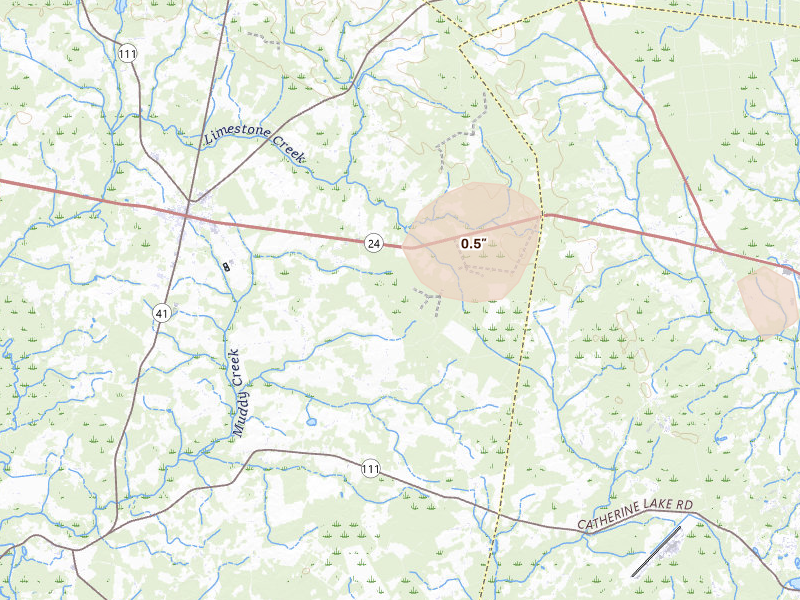 Radar-estimated hail-size map of the storm over Beulaville, NC on Jul 20, 2026