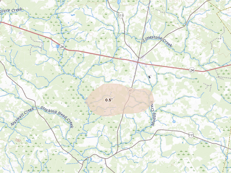 Radar-estimated hail-size map of the storm over Beulaville, NC on Aug 10, 2026