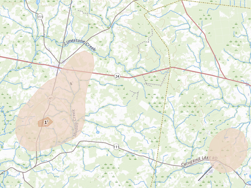 Radar-estimated hail-size map of the storm over Beulaville, NC on Aug 21, 2026