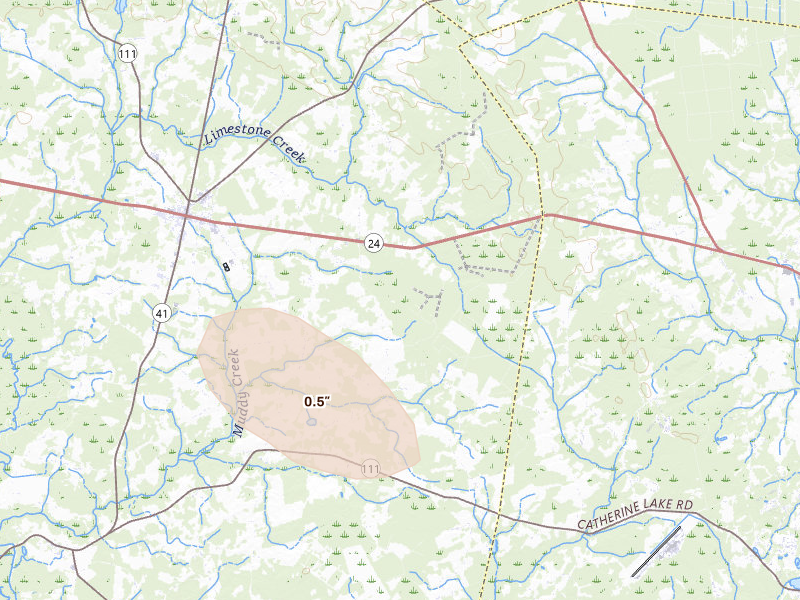 Radar-estimated hail-size map of the storm over Beulaville, NC on Aug 24, 2026