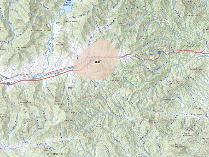 Radar-estimated hail-size map of the storm over Black Mountain, NC