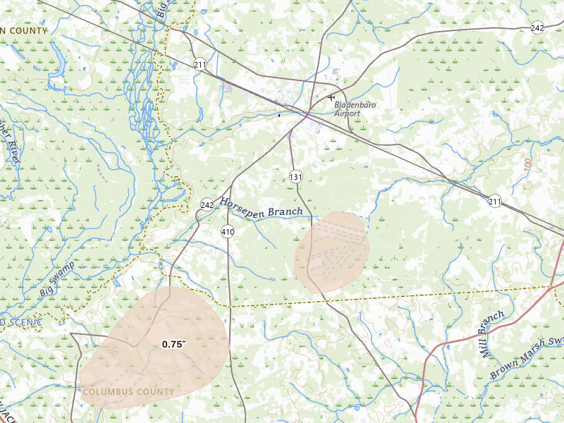 Radar-estimated hail-size map of the storm over Bladenboro, NC on Jul 5, 2026