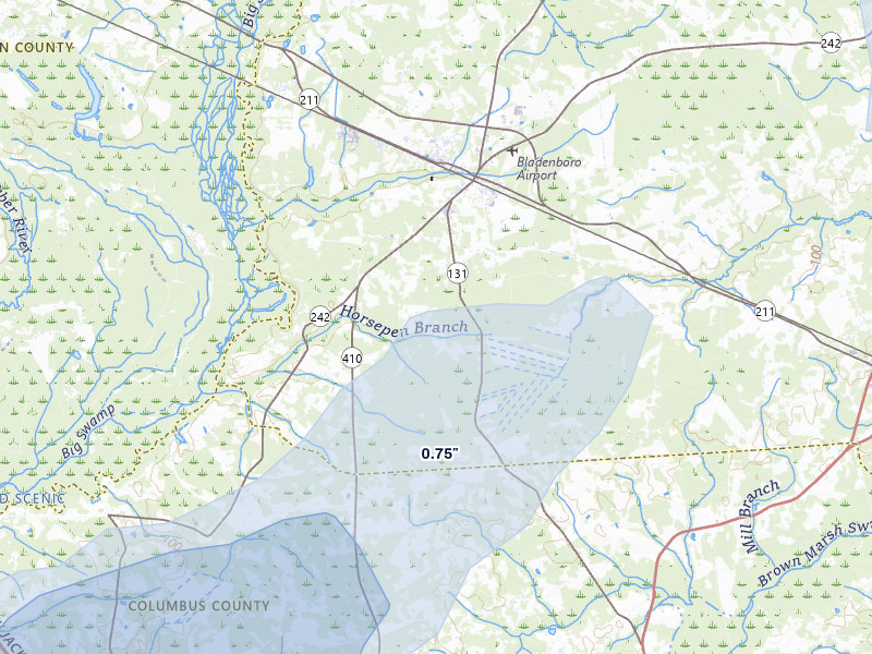 NEXRAD radar-signature map of the hail over Bladenboro, NC