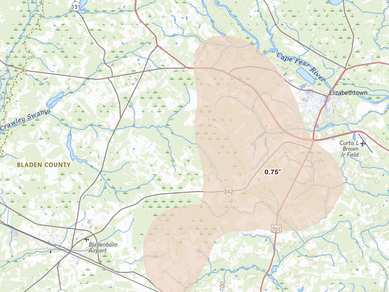 Radar-estimated hail-size map of the storm over Bladenboro, NC on Aug 20, 2026