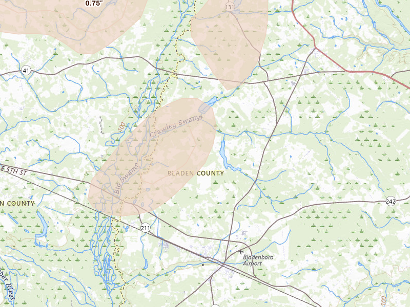 Radar-estimated hail-size map of the storm over Bladenboro, NC on Aug 21, 2026
