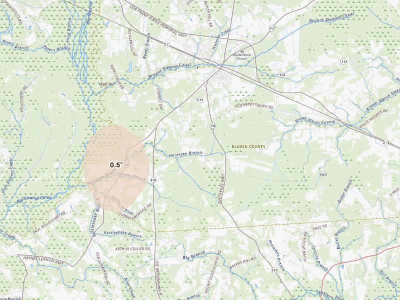 Radar-estimated hail-size map of the storm over Bladenboro, NC