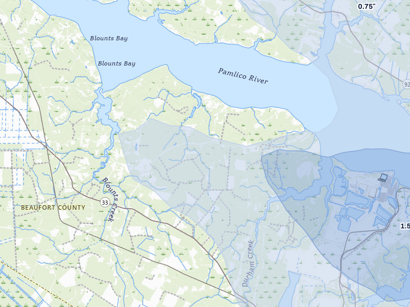 NEXRAD radar-signature map of the hail over Blounts Creek, NC
