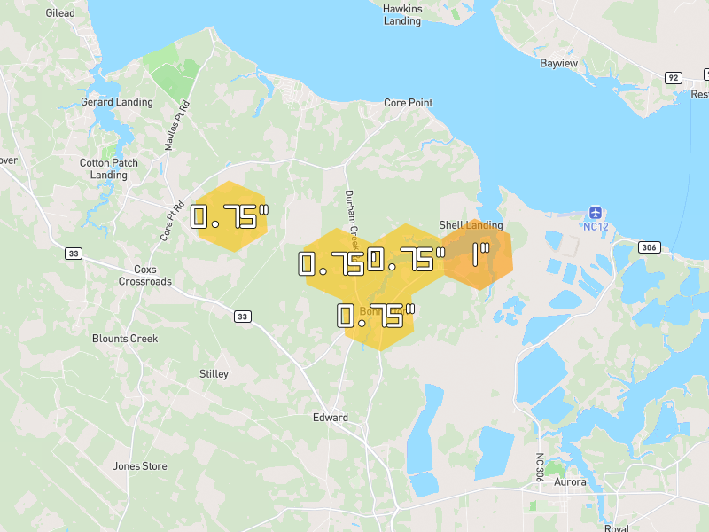 Hail map of Blounts Creek, NC on Jul 29, 2026, hail up to 1"
