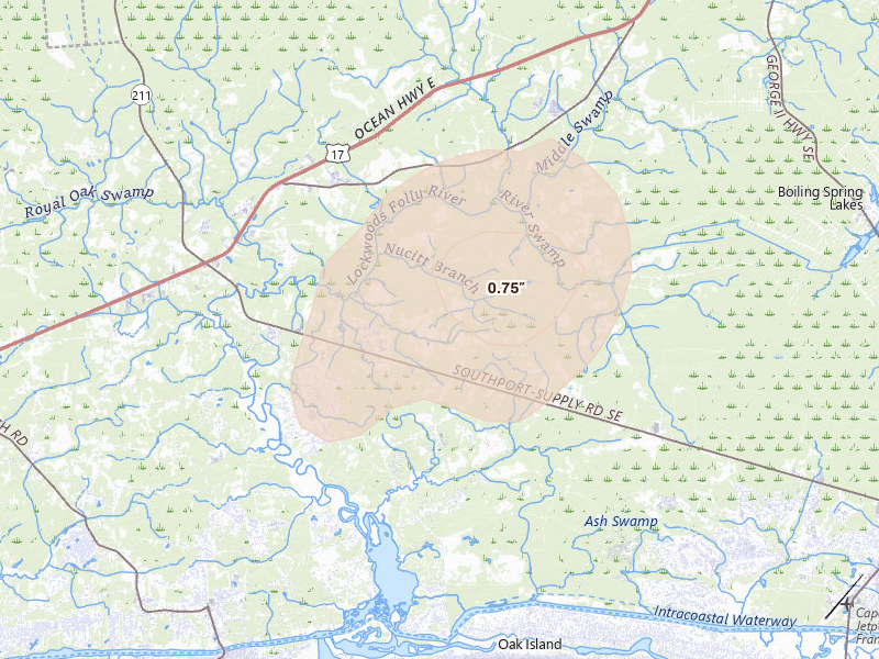 Radar-estimated hail-size map of the storm over Bolivia, NC on Aug 15, 2026