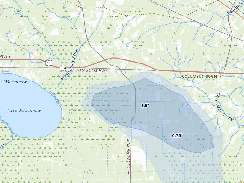 NEXRAD radar-signature map of the hail storm over Bolton, NC on Jun 28, 2026