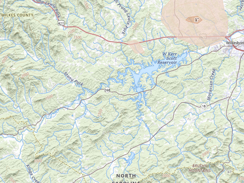 Radar-estimated hail-size map of the storm over Boomer, NC on Aug 11, 2026