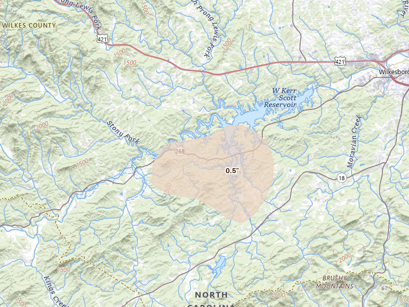 Radar-estimated hail-size map of the storm over Boomer, NC on Aug 16, 2026