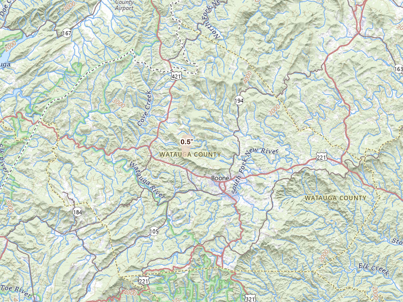 Radar-estimated hail-size map of the storm over Boone, NC on Jun 30, 2026