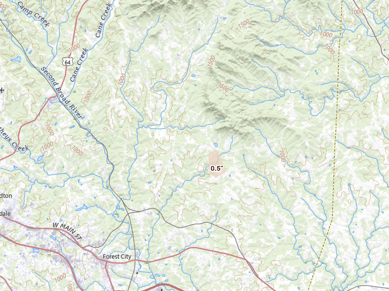 Radar-estimated hail-size map of the storm over Bostic, NC on Aug 4, 2026