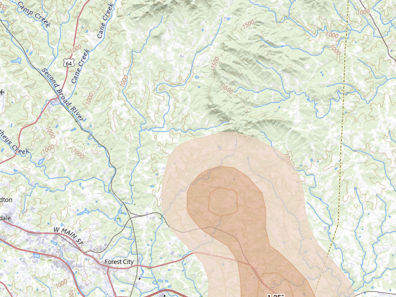 Radar-estimated hail-size map of the storm over Bostic, NC on Aug 11, 2026