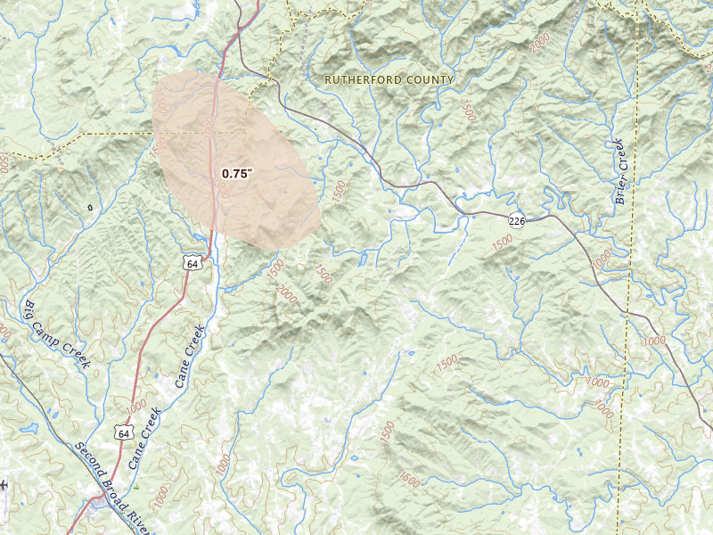 Radar-estimated hail-size map of the storm over Bostic, NC on Sep 5, 2026