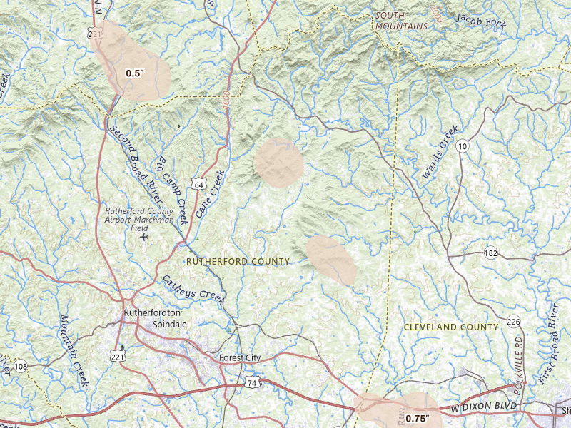 Radar-estimated hail-size map of the storm over Bostic, NC