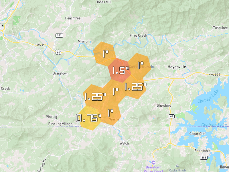 Hail map of Brasstown, NC on Jul 2, 2026, hail up to 1"