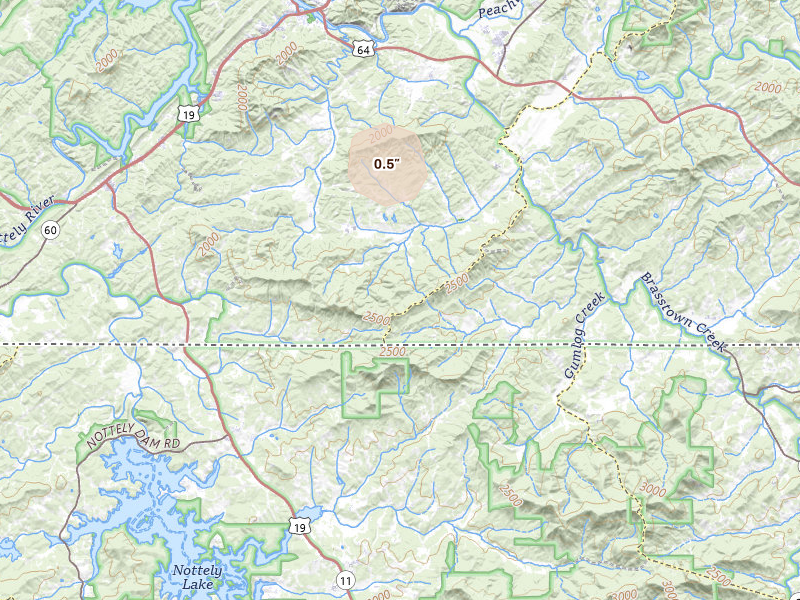 Radar-estimated hail-size map of the storm over Brasstown, NC on Jul 10, 2026