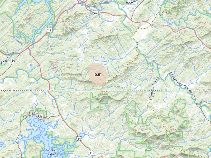 Radar-estimated hail-size map of the storm over Brasstown, NC on Aug 11, 2026