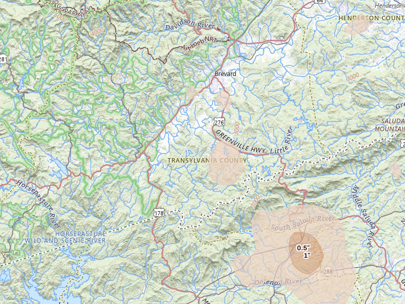 Radar-estimated hail-size map of the storm over Brevard, NC on Aug 11, 2026