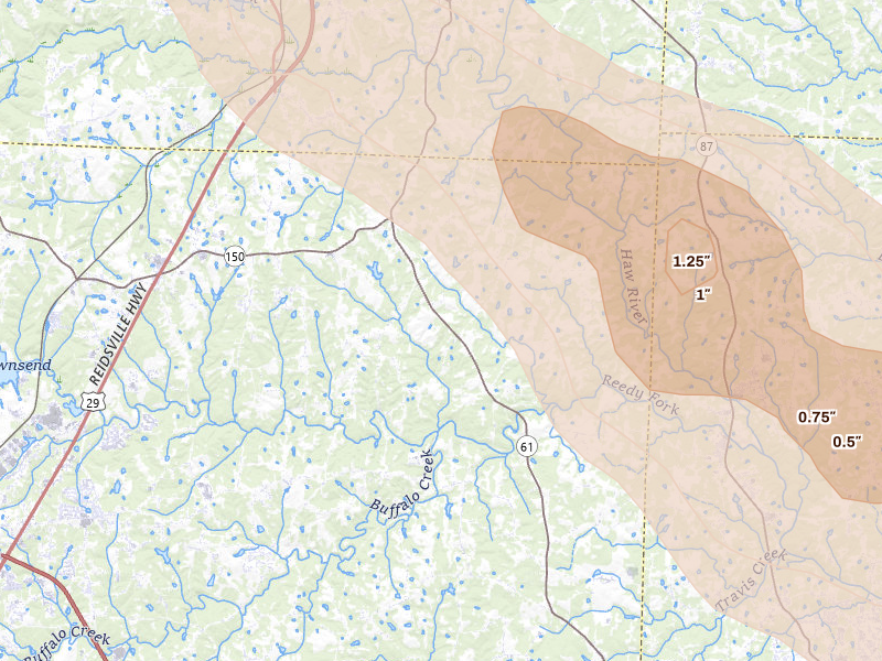 Radar-estimated hail-size map of the storm over Browns Summit, NC on Jul 28, 2026
