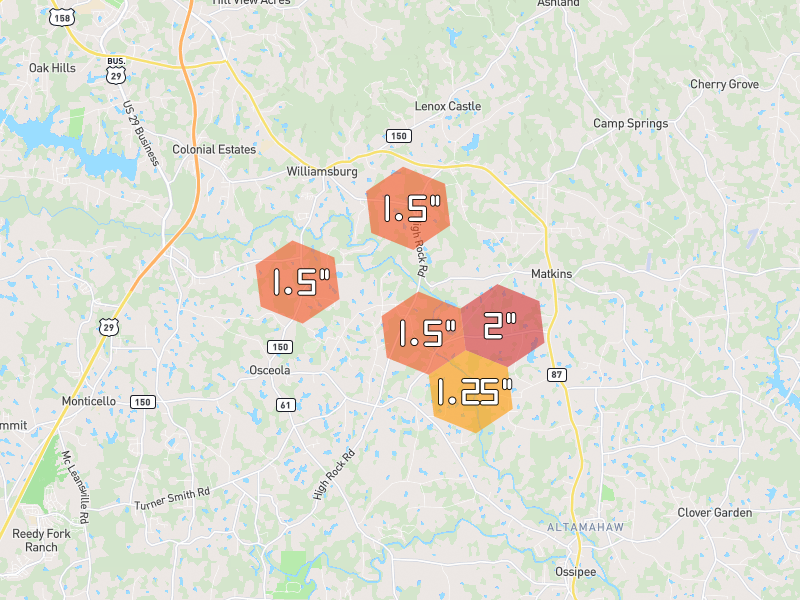 Hail map of Browns Summit, NC on Jul 28, 2026, hail up to 2"