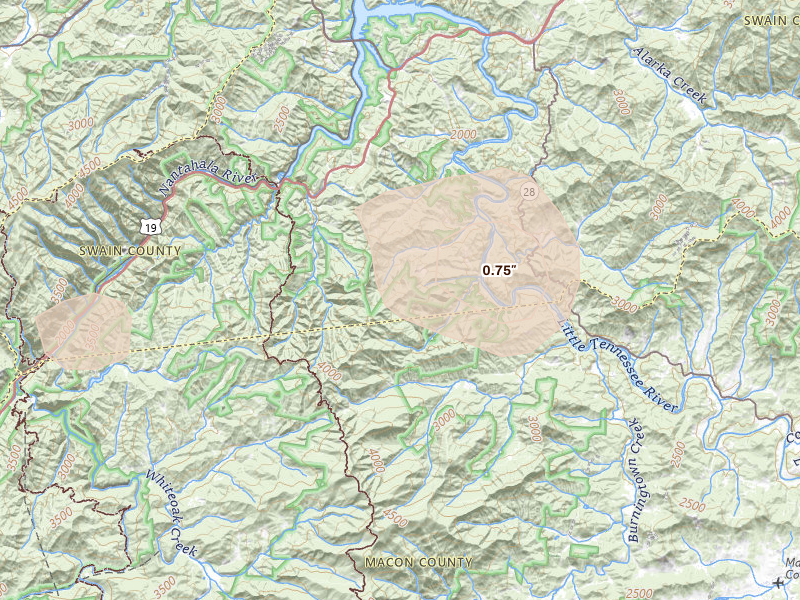 Radar-estimated hail-size map of the storm over Bryson City, NC on Jul 3, 2026