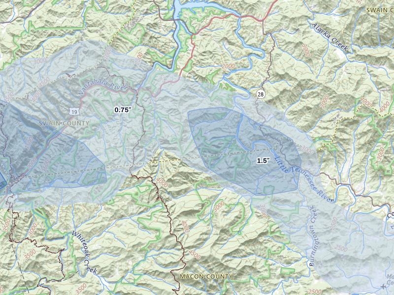 NEXRAD radar-signature map of the hail over Bryson City, NC