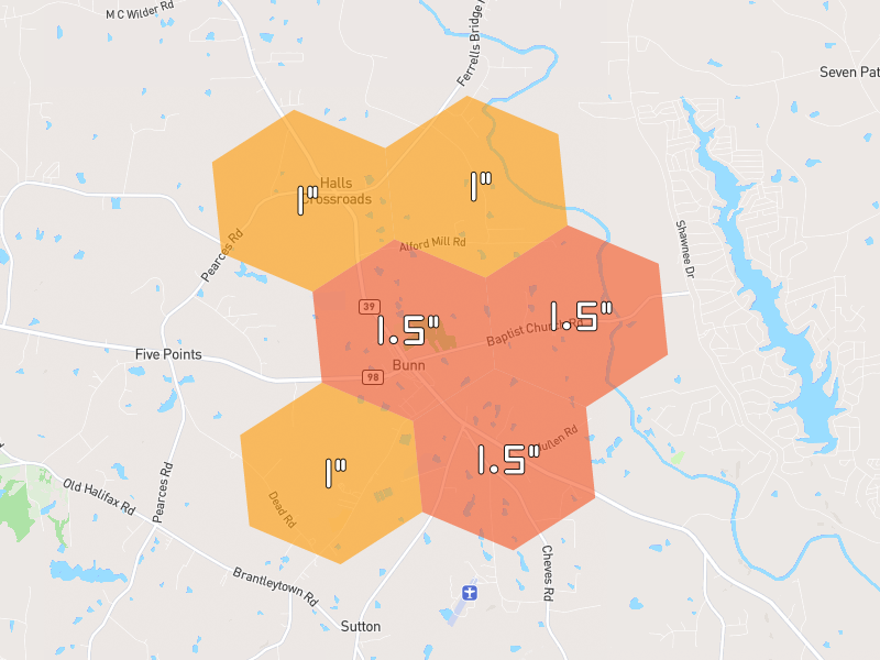 Hail map of Bunn, NC on Jun 27, 2026, hail up to 1.5"