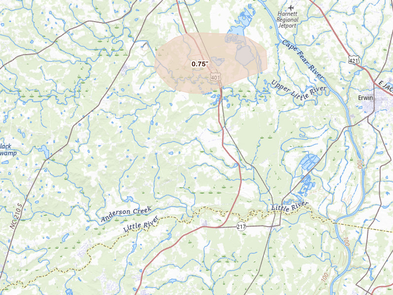 Radar-estimated hail-size map of the storm over Bunnlevel, NC on Jul 12, 2026