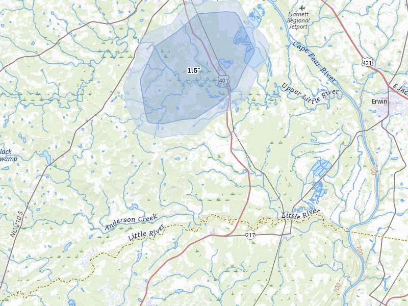 NEXRAD radar-signature map of the hail storm over Bunnlevel, NC on Jul 12, 2026