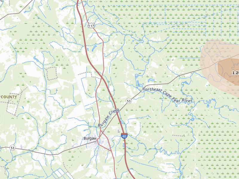 Radar-estimated hail-size map of the storm over Burgaw, NC on Jun 27, 2026
