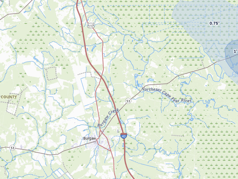 NEXRAD radar-signature map of the hail over Burgaw, NC