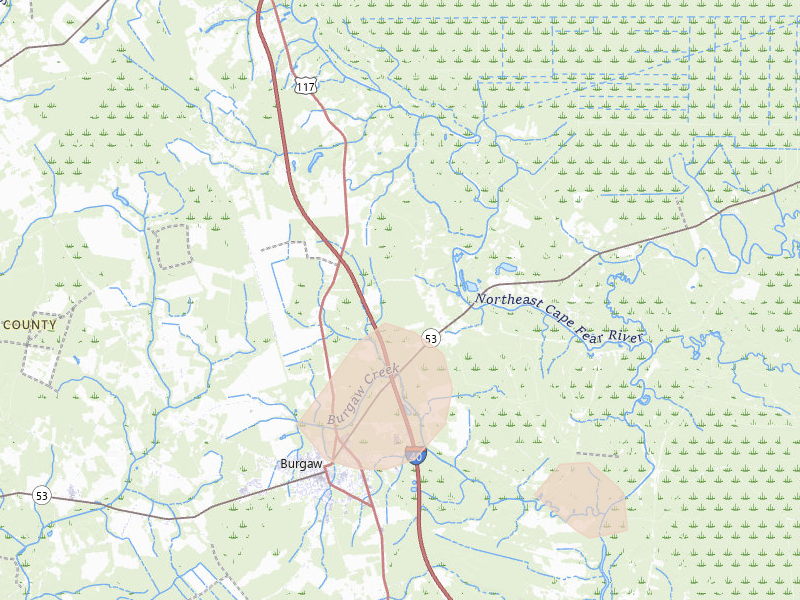 Radar-estimated hail-size map of the storm over Burgaw, NC on Jul 8, 2026