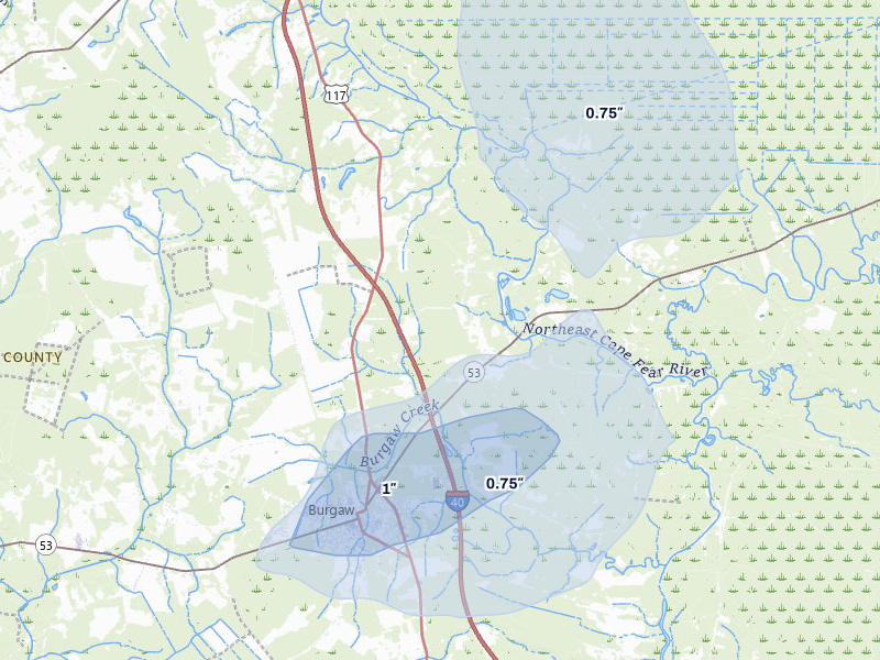 NEXRAD radar-signature map of the hail over Burgaw, NC