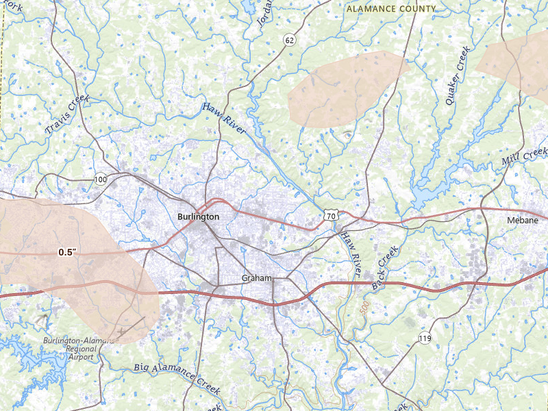 Radar-estimated hail-size map of the storm over Burlington, NC