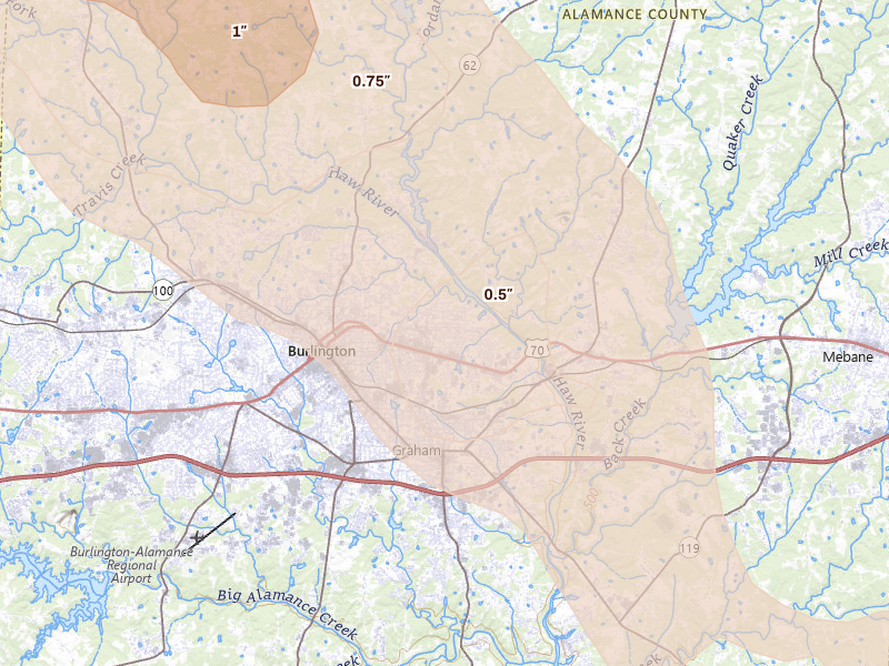 Radar-estimated hail-size map of the storm over Burlington, NC on Jul 28, 2026