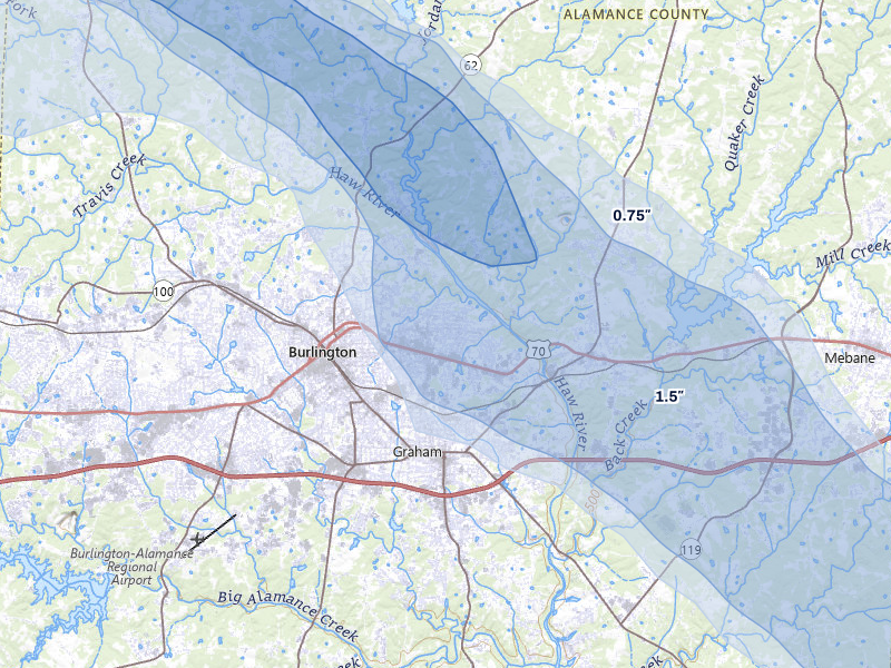 NEXRAD radar-signature map of the hail over Burlington, NC