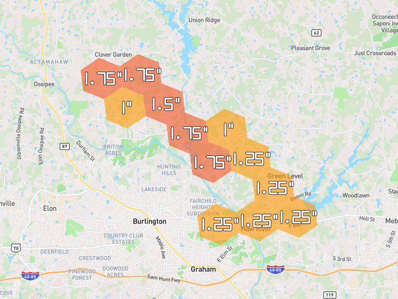 Hail map of Burlington, NC on Jul 28, 2026, hail up to 1.75"