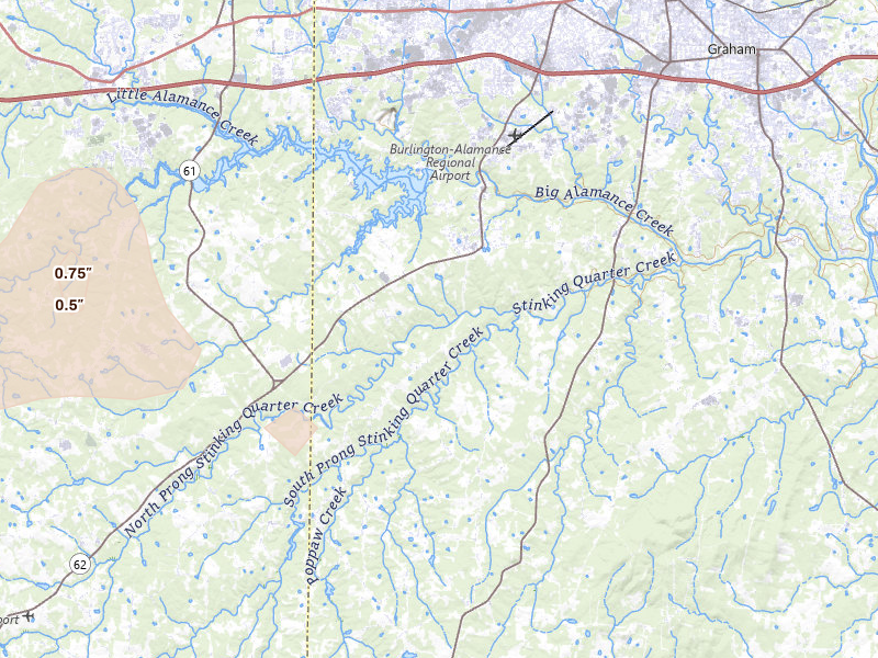 Radar-estimated hail-size map of the storm over Burlington, NC on Aug 11, 2026