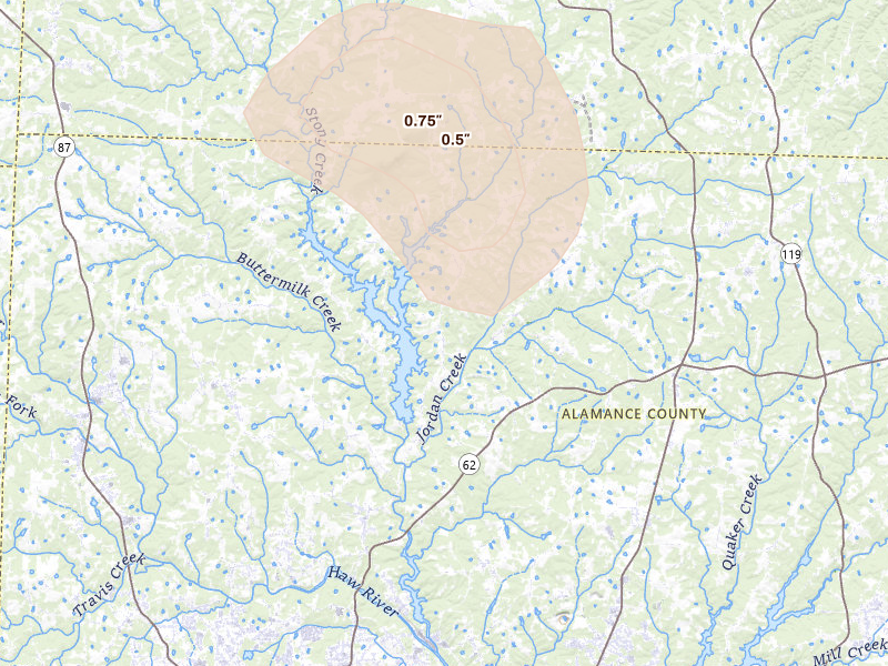 Radar-estimated hail-size map of the storm over Burlington, NC on Aug 14, 2026