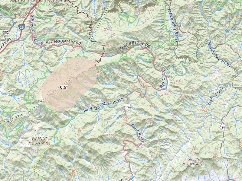 Radar-estimated hail-size map of the storm over Burnsville, NC on Jun 29, 2026