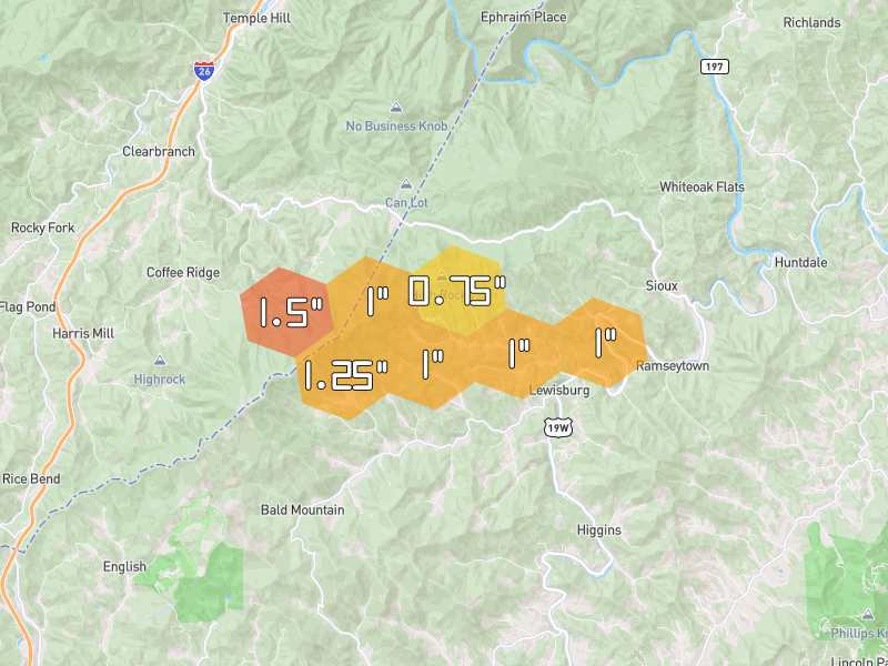 Hail map of Burnsville, NC on Jun 29, 2026, hail up to 1.5"