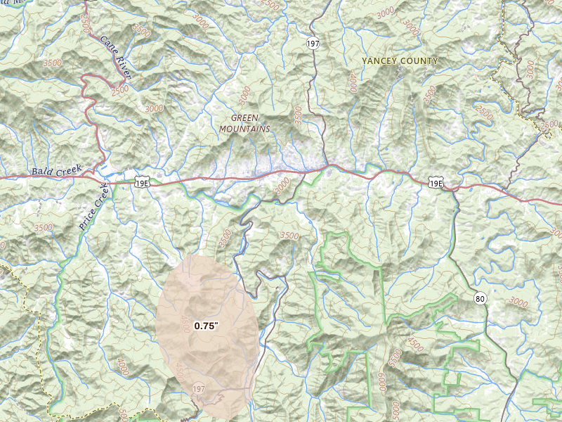 Radar-estimated hail-size map of the storm over Burnsville, NC
