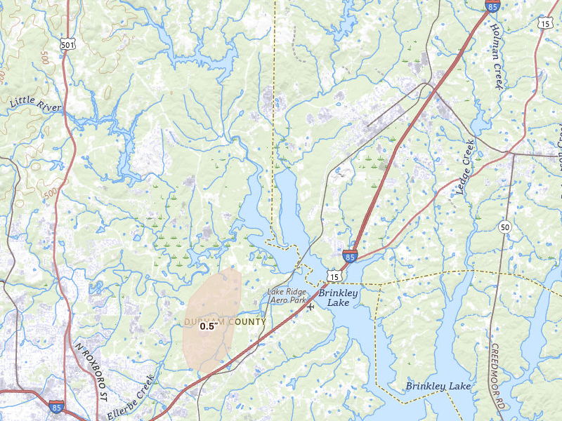 Radar-estimated hail-size map of the storm over Butner, NC on Aug 6, 2026