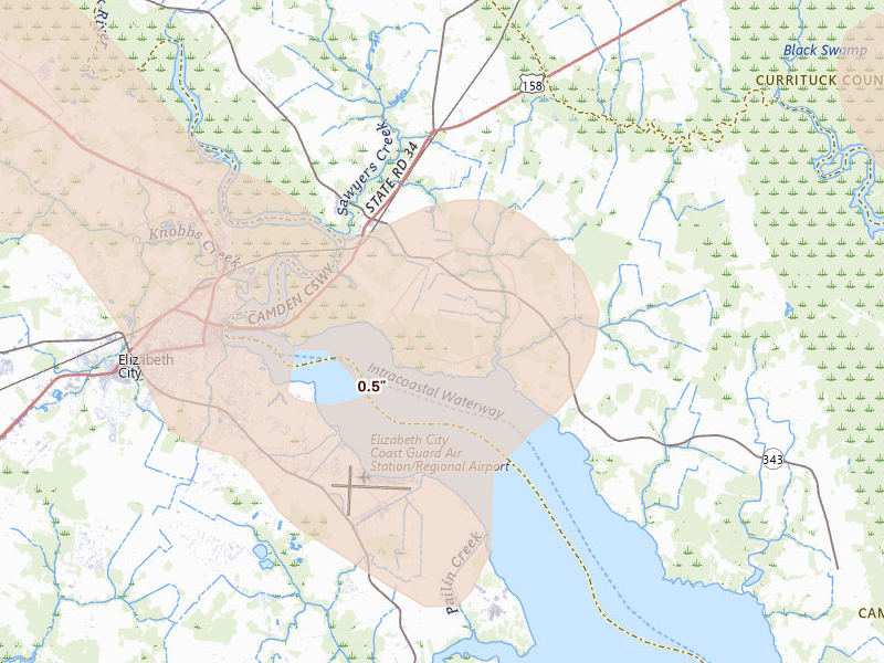 Radar-estimated hail-size map of the storm over Camden, NC on Sep 4, 2026