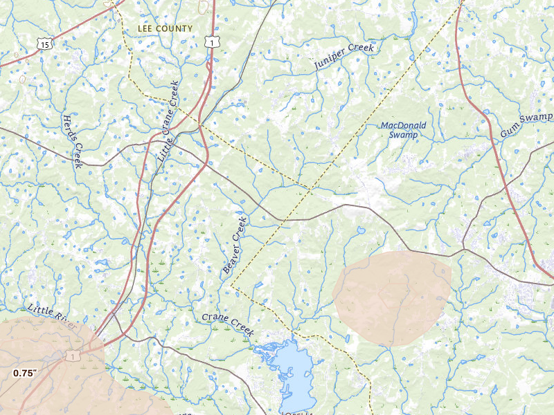 Radar-estimated hail-size map of the storm over Cameron, NC on Jul 5, 2026