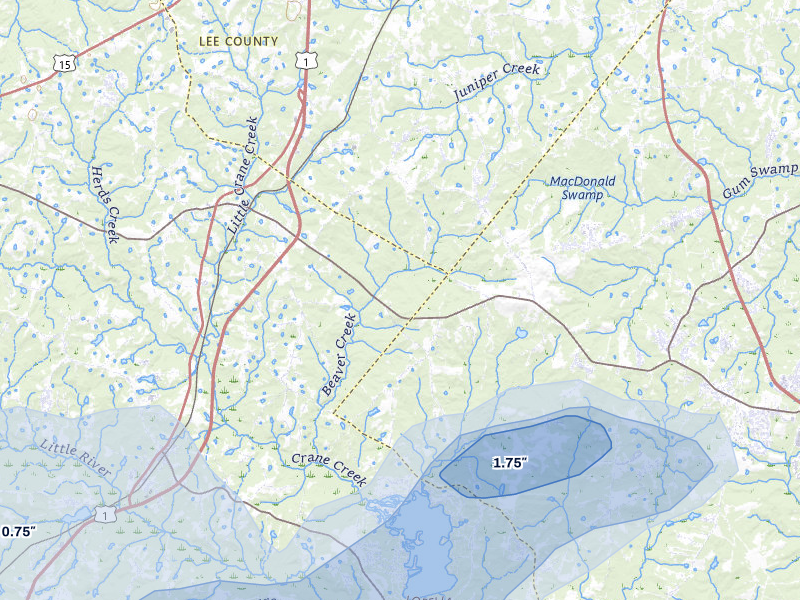 NEXRAD radar-signature map of the hail storm over Cameron, NC on Jul 5, 2026