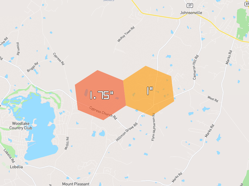 Hail map of Cameron, NC on Jul 5, 2026, hail up to 1.75"